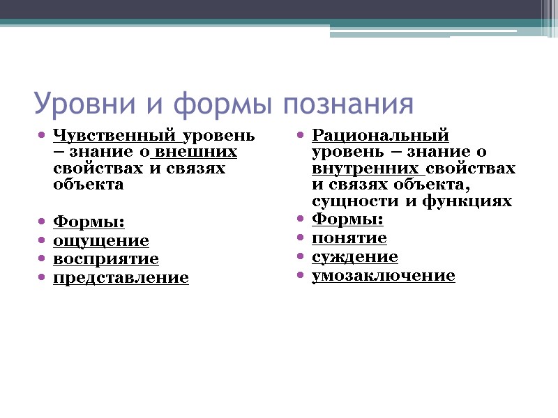 Уровни и формы познания      Чувственный уровень – знание о
